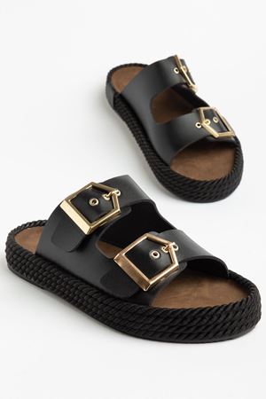 Kadın Siyah Rahat Kalıp Yüksek Taban Tokalı Terlik