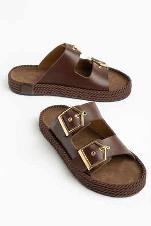 Kadın Kahverengi Rahat Kalıp Yüksek Taban Tokalı Terlik 