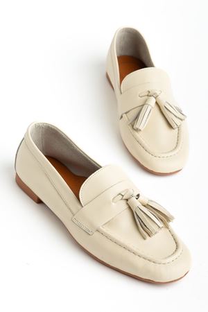 Mono Bej Hakiki Deri Püskül Detay Düz Taban Kadın Babet