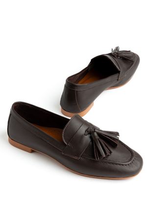 Mono Kahverengi Hakiki Deri Püskül Detay Düz Taban Kadın Babet 