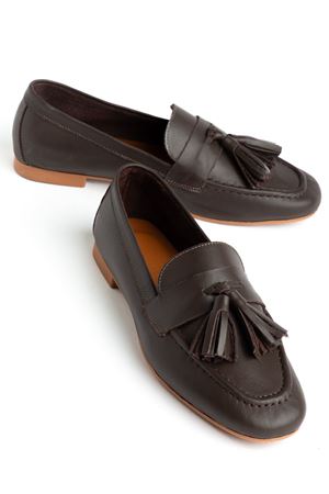 Mono Kahverengi Hakiki Deri Püskül Detay Düz Taban Kadın Babet 