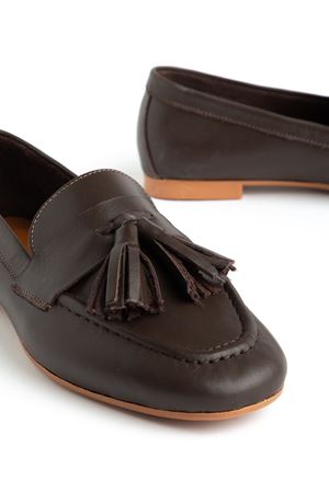 Mono Kahverengi Hakiki Deri Püskül Detay Düz Taban Kadın Babet 