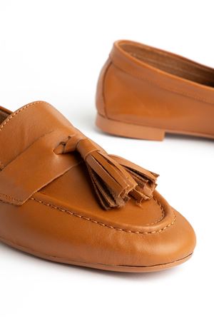 Mono Taba Hakiki Deri Püskül Detay Düz Taban Kadın Babet  