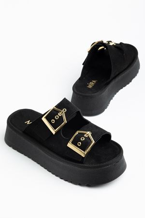 Kadın Siyah Süet Yüksek Poli Taban Çift Tokalı Terlik