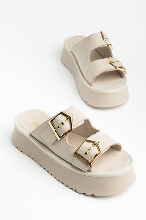 Kadın Bej Süet Yüksek Poli Taban Çift Tokalı Terlik 