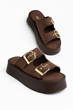 Kadın Kahverengi Süet Yüksek Poli Taban Çift Tokalı Terlik  