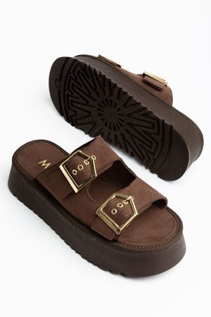 Kadın Kahverengi Süet Yüksek Poli Taban Çift Tokalı Terlik  