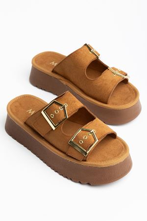 Kadın Taba Süet Yüksek Poli Taban Çift Tokalı Terlik  