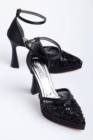 Edel Siyah Boncuk İşlemeli Platformlu Sivri Burunlu Kalın Topuklu Ayakkabı  