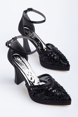 Edel Siyah Boncuk İşlemeli Platformlu Sivri Burunlu Kalın Topuklu Ayakkabı  