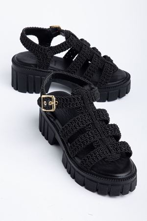 Kadın Siyah Triko Örgü Yüksek Taban Toka Detaylı Sandalet