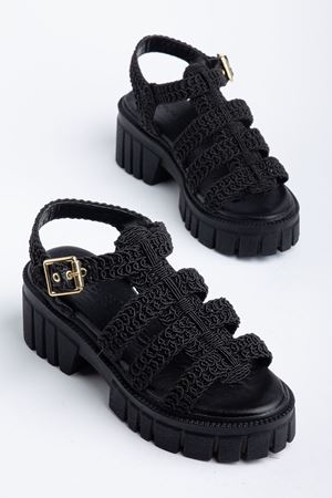 Kadın Siyah Triko Örgü Yüksek Taban Toka Detaylı Sandalet