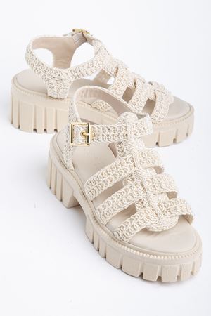 Kadın Bej Triko Örgü Yüksek Taban Toka Detaylı Sandalet  