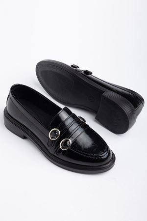 Kadın Siyah Rugan 3 Tokalı Loafer Ayakkabı  