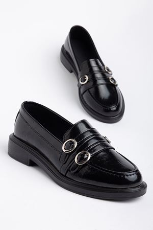 Kadın Siyah Rugan 3 Tokalı Loafer Ayakkabı  