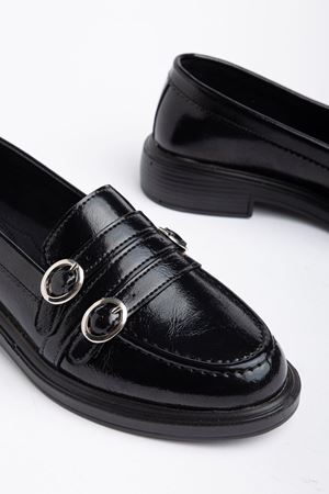 Kadın Siyah Rugan 3 Tokalı Loafer Ayakkabı  