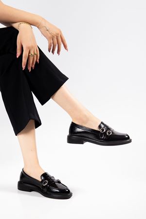 Kadın Siyah Rugan 3 Tokalı Loafer Ayakkabı  