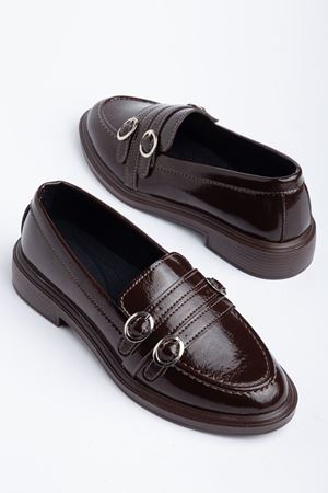 Kadın Acı Kahve Rugan 3 Tokalı Loafer Ayakkabı   
