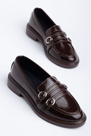Kadın Acı Kahve Rugan 3 Tokalı Loafer Ayakkabı   