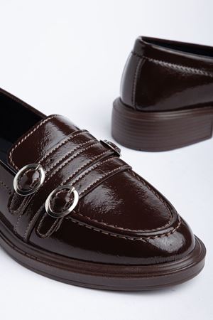 Kadın Acı Kahve Rugan 3 Tokalı Loafer Ayakkabı   