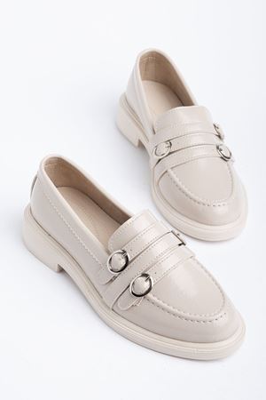 Kadın Bej Rugan 3 Tokalı Loafer Ayakkabı   