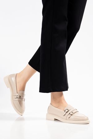 Kadın Bej Rugan 3 Tokalı Loafer Ayakkabı   