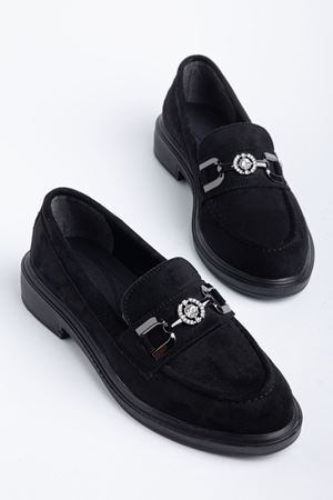 Naty Rome Siyah Süet Toka Detay Kadın Loafer Ayakkabı 