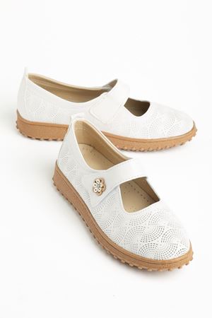 Rema Kadın Beyaz Cilt İçi Hakiki Deri Çiçekli Ortopedik Babet  