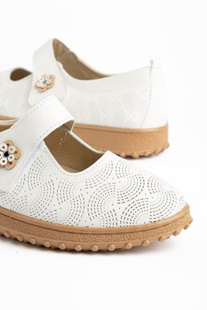 Rema Kadın Beyaz Cilt İçi Hakiki Deri Çiçekli Ortopedik Babet  