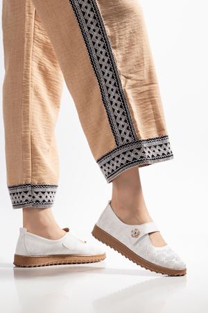 Rema Kadın Beyaz Cilt İçi Hakiki Deri Çiçekli Ortopedik Babet  