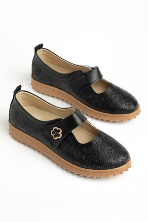 Rema Kadın Siyah Cilt İçi Hakiki Deri Çiçekli Ortopedik Babet  