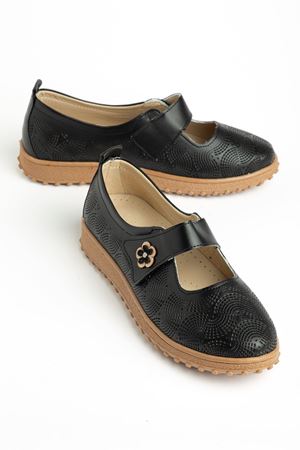 Rema Kadın Siyah Cilt İçi Hakiki Deri Çiçekli Ortopedik Babet  