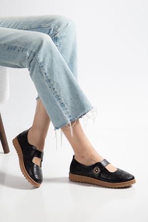 Rema Kadın Siyah Cilt İçi Hakiki Deri Çiçekli Ortopedik Babet  