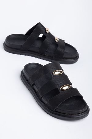 Hayal Kadın Siyah Cilt Gold Detaylı Poli Taban Terlik 