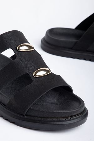 Hayal Kadın Siyah Cilt Gold Detaylı Poli Taban Terlik 