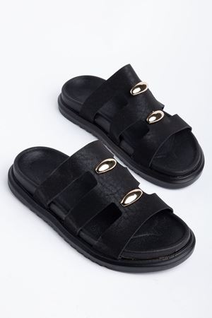 Hayal Kadın Siyah Cilt Gold Detaylı Poli Taban Terlik 