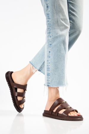 Hayal Kadın Kahverengi Cilt Gold Detaylı Poli Taban Terlik 