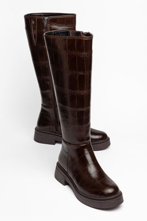 Kadın Kahverengi Crocodile Cilt Fermuar Detaylı Günlük Çizme