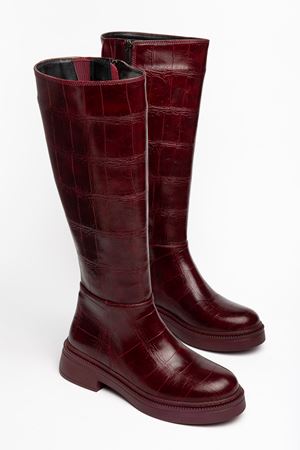 Kadın Bordo Crocodile Cilt Fermuar Detaylı Günlük Çizme