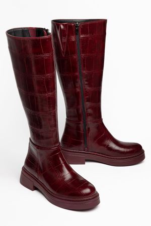 Kadın Bordo Crocodile Cilt Fermuar Detaylı Günlük Çizme