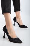 Muriel Siyah Saten Desenli Taş Detaylı Sivri Burun Topuklu Ayakkabı