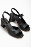 Keri Topuklu Siyah Cilt Küt Burun Kadın Ayakkabı