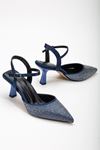 Sinda Lacivert Saten Taş Detaylı İnce Topuklu Kadın Ayakkabı