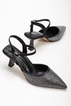 Sinda Siyah Saten Taş Detaylı İnce Topuklu Kadın Ayakkabı 