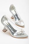 Gümüş Stiletto Taşlı Şeffaf  Topuklu Ayakkabı  