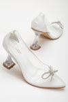 Beyaz Stiletto Taşlı Şeffaf  Topuklu Ayakkabı 