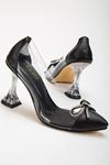 Siyah Stiletto Taşlı Cilt Şeffaf  Topuklu Ayakkabı 