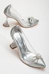Gümüş Stiletto Taşlı Cilt Şeffaf  Topuklu Ayakkabı  