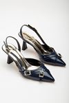 Mary Jane Lacivert Rugan Arkası Açık Sivri Burunlu Kadın Topuklu Ayakkabı   