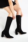 Sezar Kadın Siyah Süet Kalın Topuklu Fermuarlı Çizme